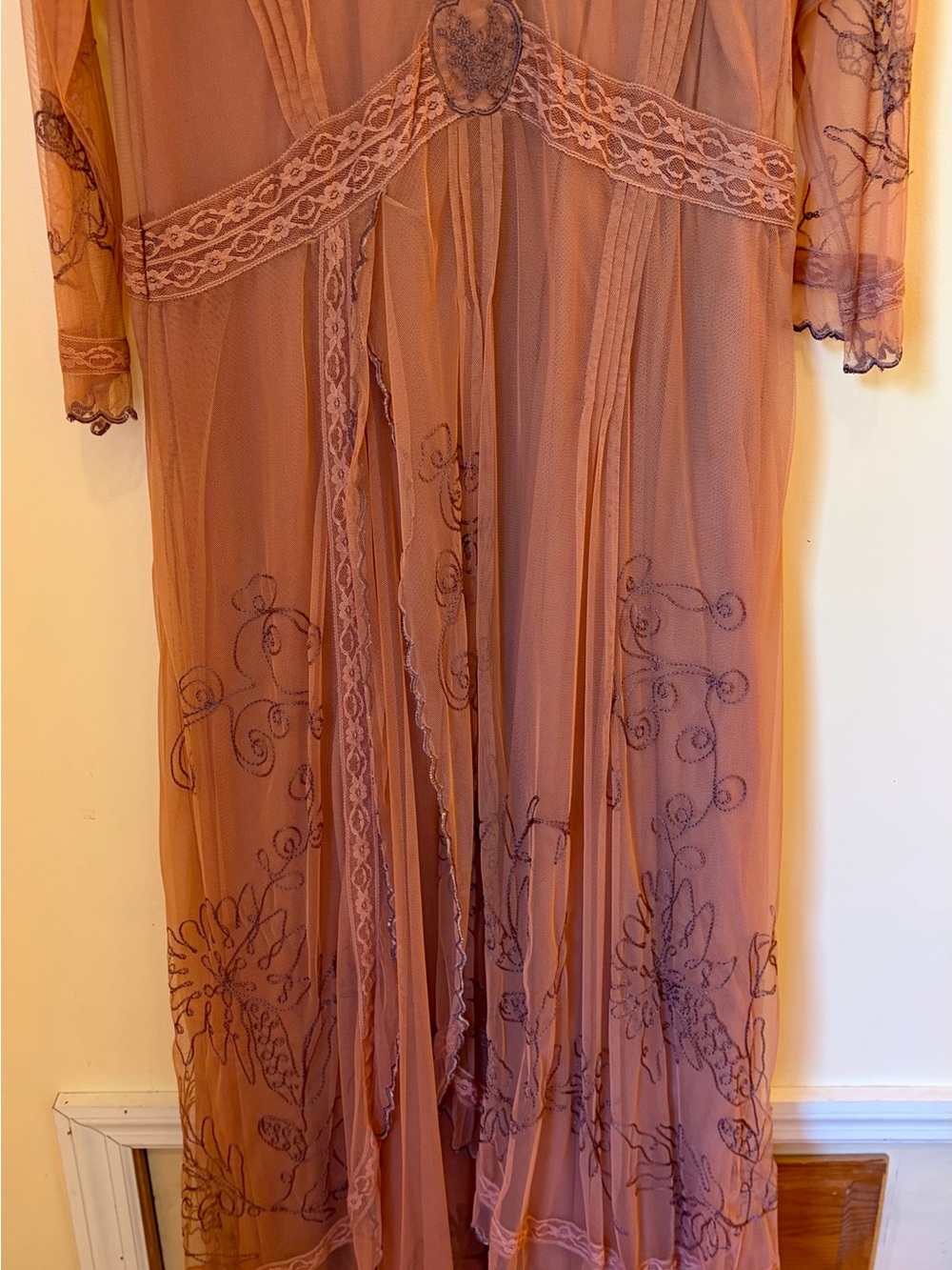 Nataya cinnamon embroidered lined maxi dress with lace trim - Picture 3 of 9